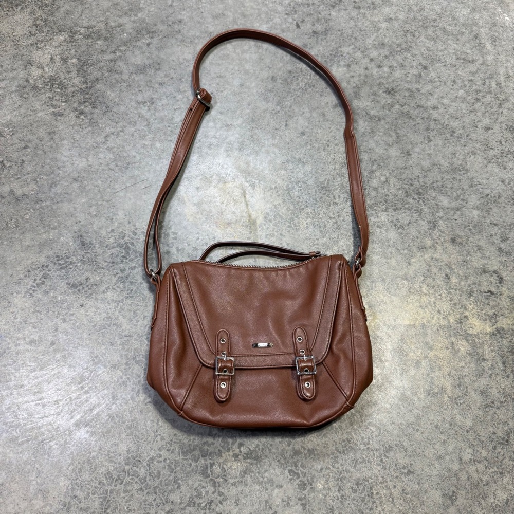 Chaps Crossbody Bag Women OS Brown Satchel Purse Buckle Detail Faux Leather